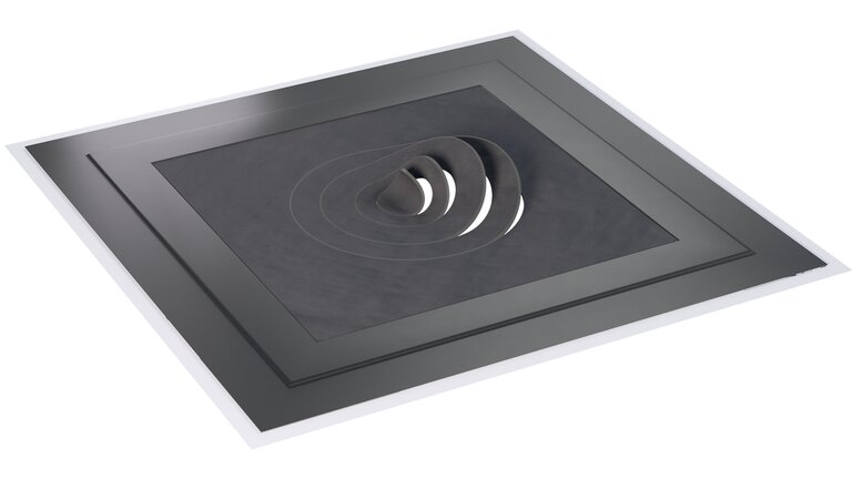 Quadratisches schwarzes Flachdach-Ablaufsystem mit mehrstufiger Kegelstruktur.